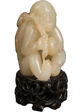 清代玉雕灵猴献寿（红木座）