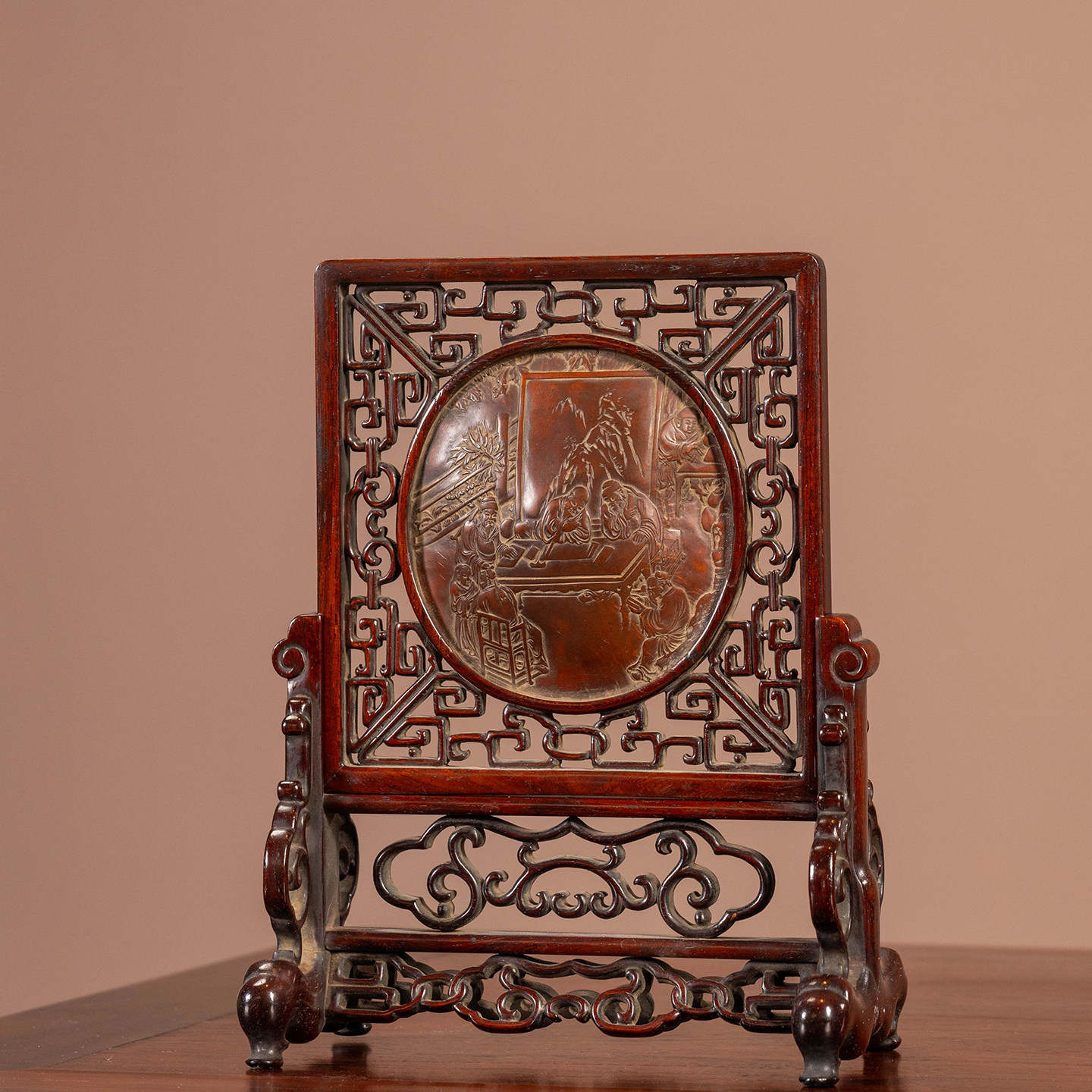 清代红木镶匏器雕文人雅集砚屏文玩古董收藏真品书房桌面摆件砚台