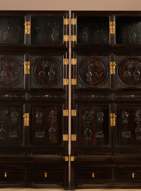 中式古典乌木镶楠木浮雕博古书柜