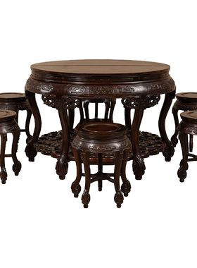 红木夔龙纹三弯腿六足双拼圆桌