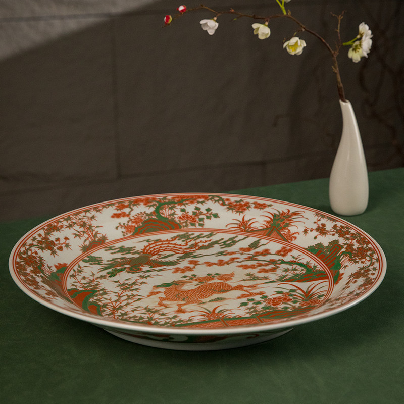 清代绿彩麒麟引凤赏盘老物件文玩古董瓷器艺术品收藏瓷器瓷盘摆件