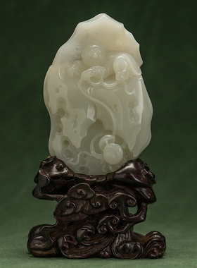 和田玉雕童子戏莲山子摆件（红木座）玉器收藏天然玉雕摆件173.7g