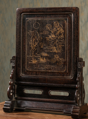 紫檀嵌银丝童子采莲插屏