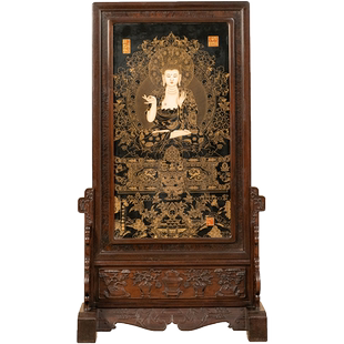 二十世纪红木镶黑釉描金释迦摩尼瓷板画插屏中式古典家居摆件屏风