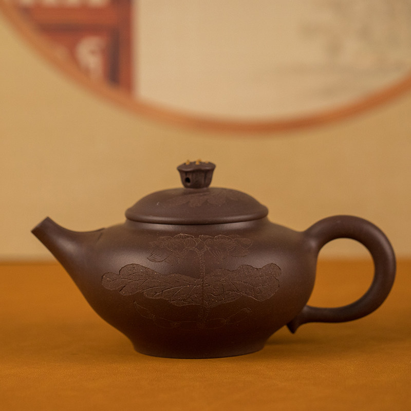 纯手工紫砂壶《并蒂莲壶(林振良陶刻)》许时娟作品 420ml