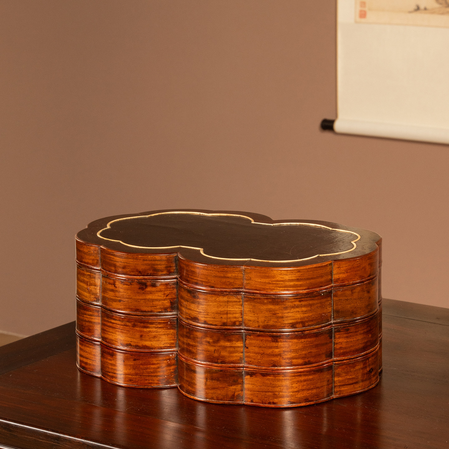 清早期黄花梨镶瘿木梅花形双联三层盖盒古董收藏海南黄花梨文房盒