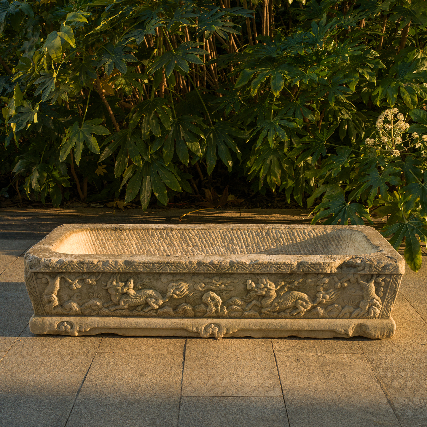 明代 汉白玉麒麟纹长方赏盆老物件文玩古董摆件收藏汉白玉雕花盆