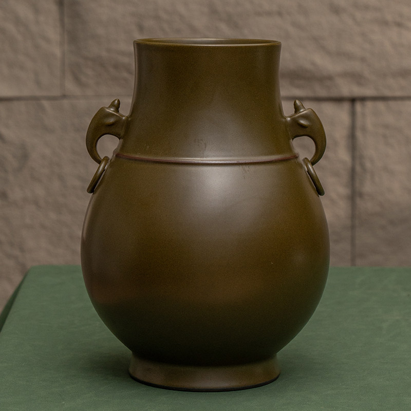 清代茶叶末釉弦纹双耳瓶文玩古董收藏真品客厅办公室瓷器装饰摆件