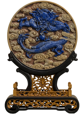 红木黄杨座祁阳石嵌青金石插屏