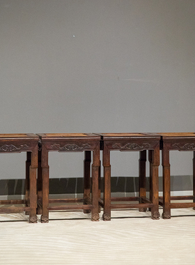 清代红木如意卷草纹方凳成堂（一堂四只）明清古典老红木家具收藏