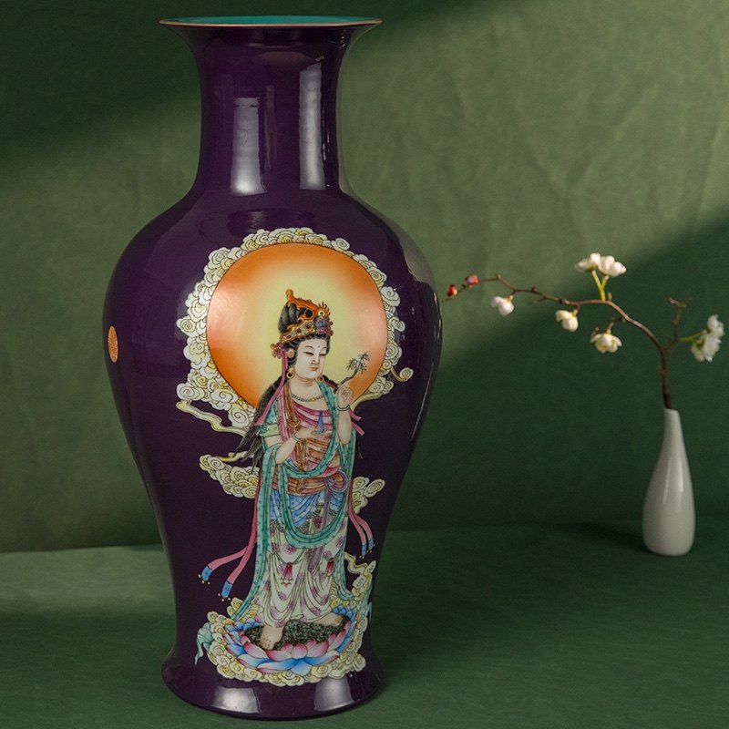 清代茄皮紫釉粉彩南无观世音菩萨观音瓶文玩古董瓷器摆件收藏真品