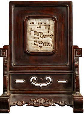 红木嵌玉透雕鹿衔灵芝插屏