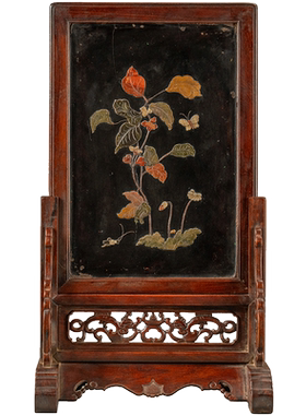 黄花梨镶漆地百宝嵌花卉纹插屏