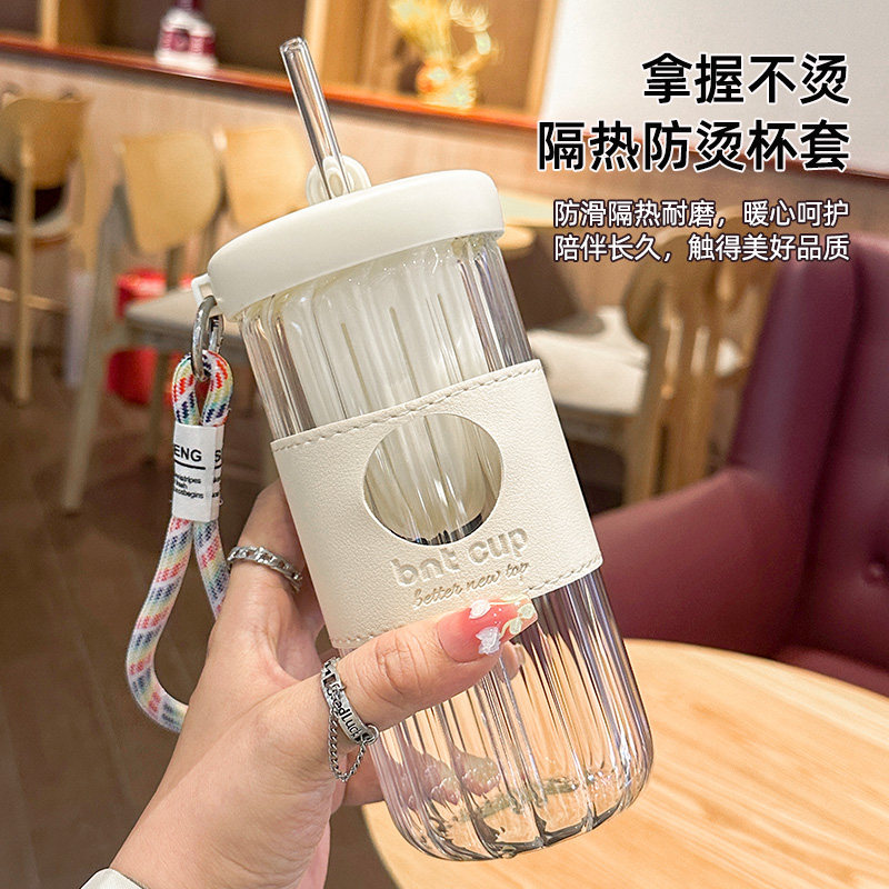 创意网红玻璃杯女办公室水杯大容量耐高温带吸管花果茶杯子咖啡杯