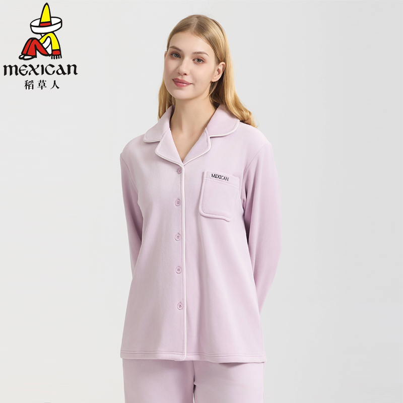 稻草人秋冬加厚加绒家居服套装女士开衫分体睡衣睡裤珊瑚绒34248