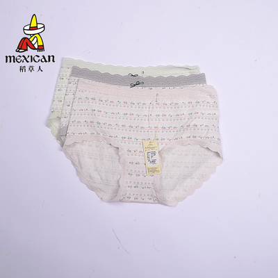 稻草人女士夏季薄款莫代尔蕾丝三角内裤中腰透气女短裤清新53826