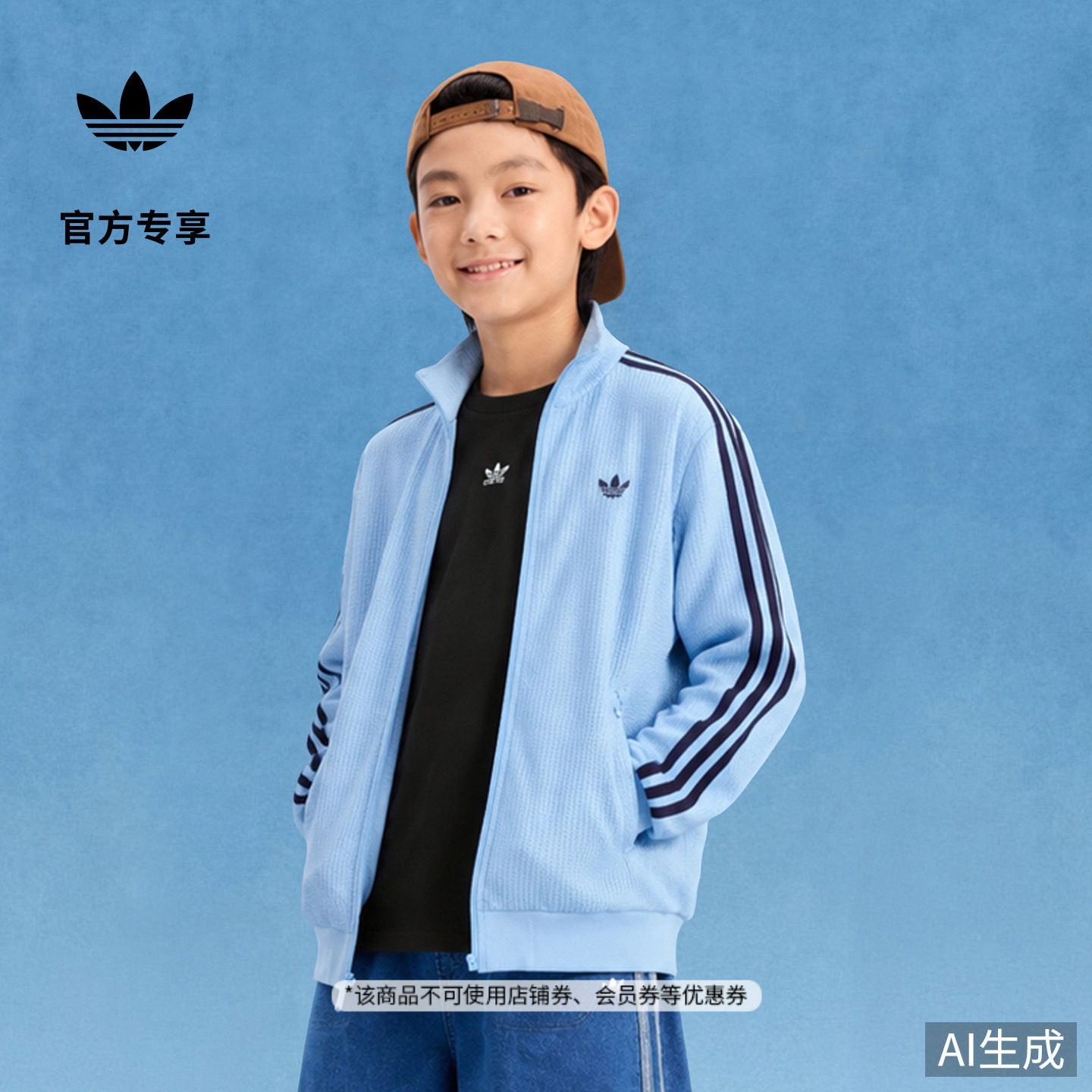 男大童三条纹宽松舒适华夫格运动夹克外套adidas阿迪达斯三叶草