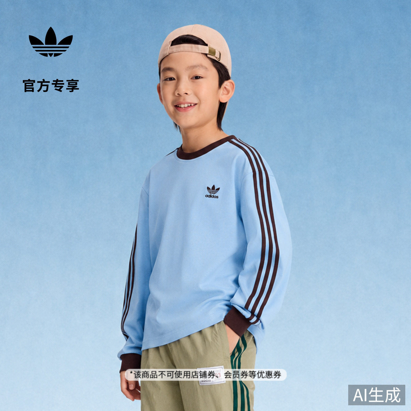 男女童三条纹纯棉运动圆领长袖T恤儿童秋季adidas阿迪达斯三叶草