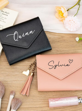 定制名字迷你皮革钱包爱心流苏吊坠短款卡包拉链小众伴手礼礼物