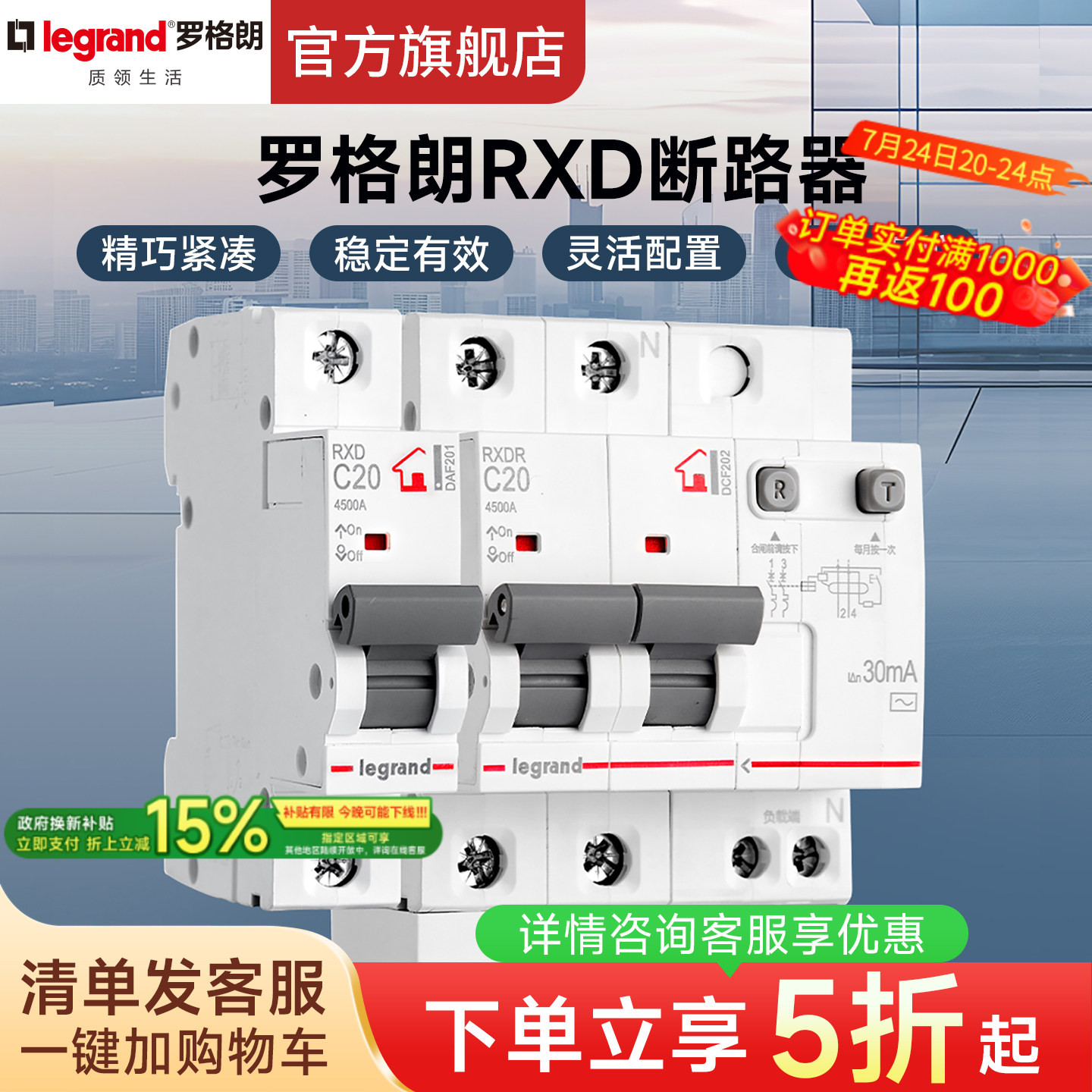 罗格朗RXD空气开关断路器1P2P63A带漏电保护器总开家用安全保护