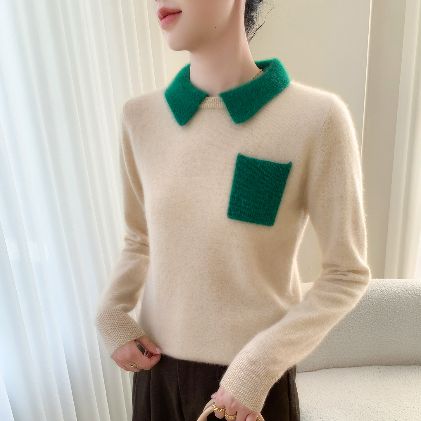 山羊绒衫女士POLO领拼色带兜