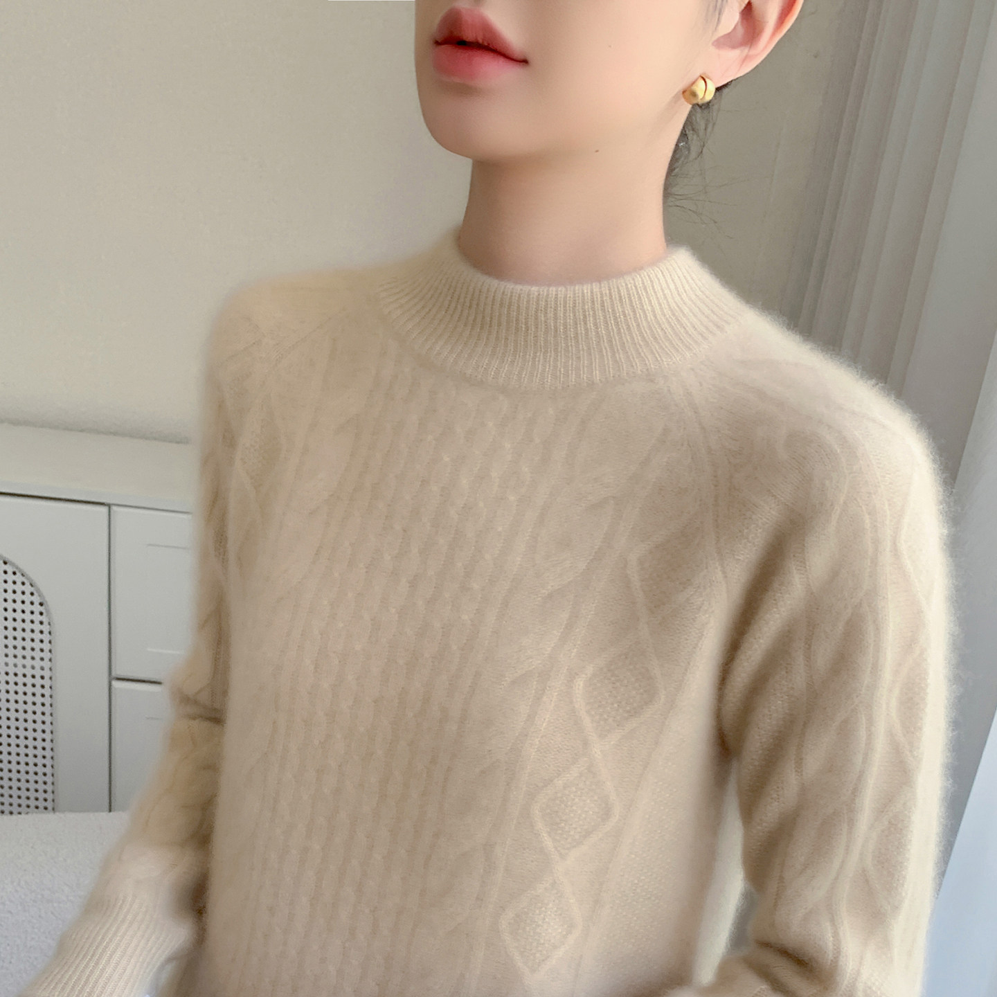 空气感亲肤山羊绒衫女半高领加厚纯色毛衣麻花复古宽松针织打底衫