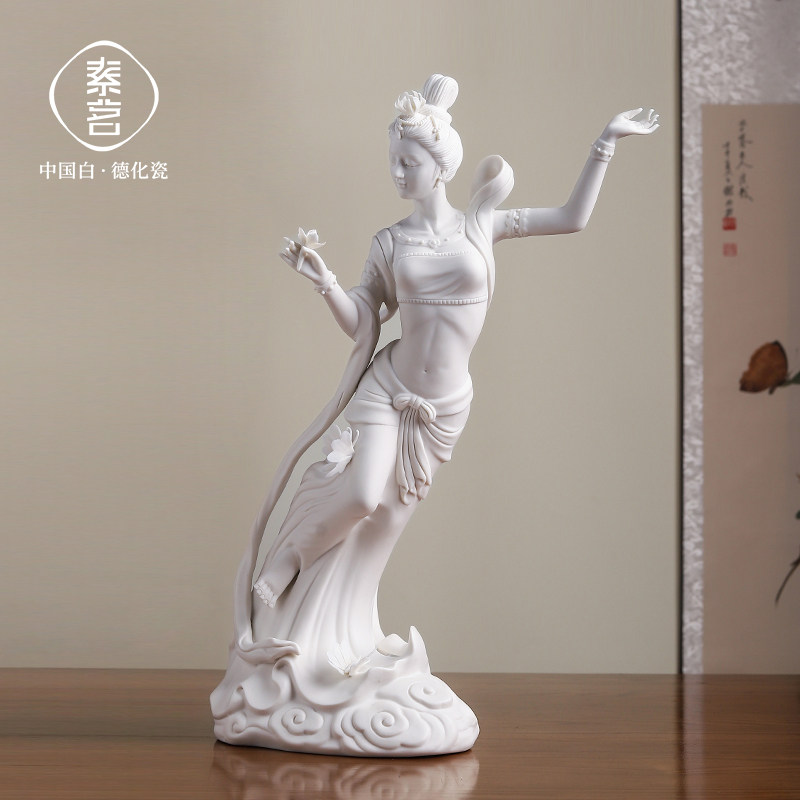 中国白敦煌飞天中式美女雕塑艺术品人物陶瓷客厅会所轻奢装饰摆饰