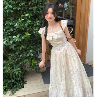 丝语法式 收腰甜美温柔 重工刺绣碎花方领荷叶边短袖 连衣裙女夏季