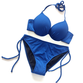 性感欧美小胸钢托聚拢比基尼泳衣女蓝色高腰遮肚显瘦大码 大罩杯