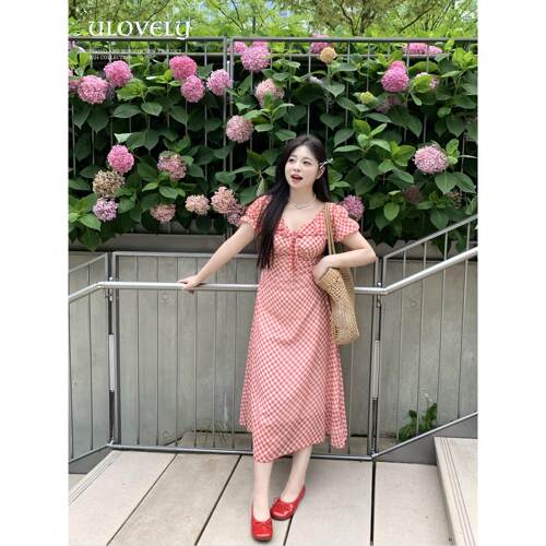 Ulovely◆微胖mm红色格纹收腰显瘦大码短袖连衣裙女法式气质长裙