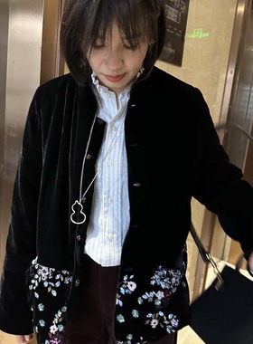 国风复古改良 亮片刺绣真丝丝绒新中式立领盘扣保暖夹棉棉服外套