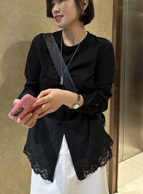 自留~单穿叠搭都好看 精致蕾丝花边开叉拼接圆领长袖t宽松棉上衣