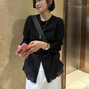 t宽松棉上衣 精致蕾丝花边开叉拼接圆领长袖 自留 单穿叠搭都好看