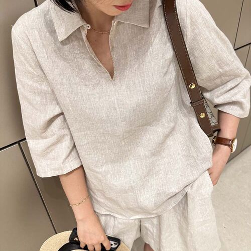 胖小妮的春天通勤短袖亚麻上衣