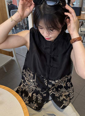 新中式复古小立领对襟盘扣重工欧根纱金刺绣拼接真丝马甲外套女