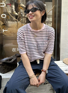 老客B囤！随性百搭 轻薄透气100亚麻条纹圆领短袖T恤女宽松上衣夏