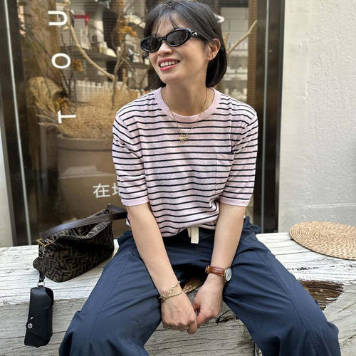 胖小妮的春天百搭亚麻条纹上衣女