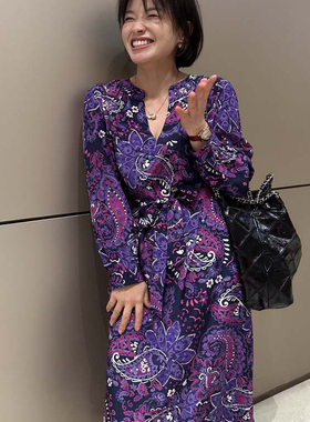 典雅复古感印花长裙~ 重磅真丝小V领长袖宽松系带收腰气质连衣裙