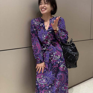 典雅复古感印花长裙~ 重磅真丝小V领长袖宽松系带收腰气质连衣裙