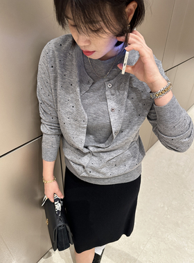 精致感！软糯亲肤 羊毛混纺重工烫钻圆领长袖显瘦针织开衫 可打底