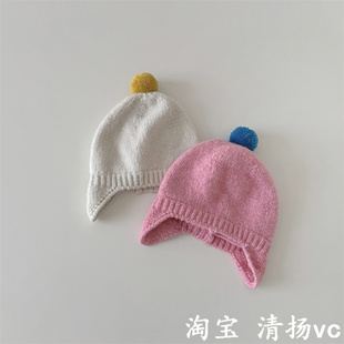 韩国洋气宝宝帽子冬季 针织保暖糖果色女童毛线帽男外出儿童护耳帽