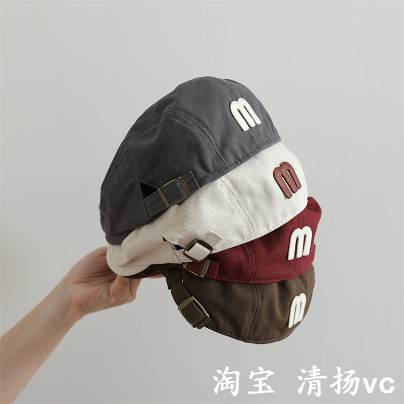 儿童反戴鸭舌帽字母m女童贝雷帽春秋款男童前进帽个性穿搭画家帽
