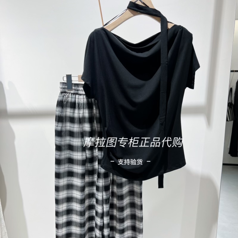 KAXIWEN专柜正品 BKT20821羊毛黑白格理想裤 松紧抽绳阔腿休闲裤