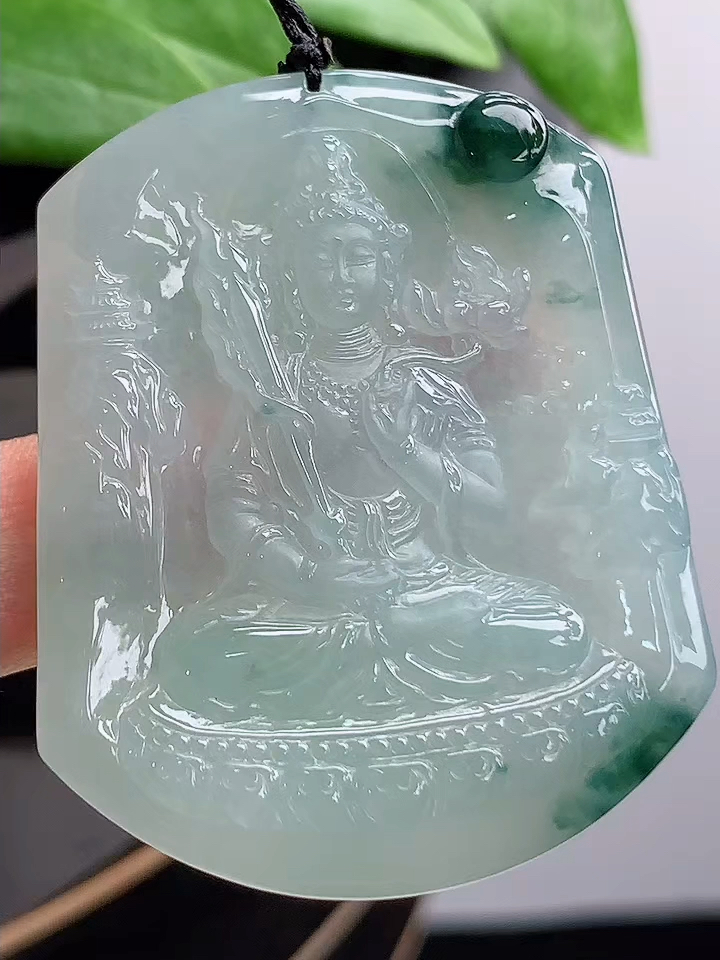 挂件玉坠珠宝缅甸天然a货翡翠老坑冰种飘花一刀切虚空藏菩萨吊坠
