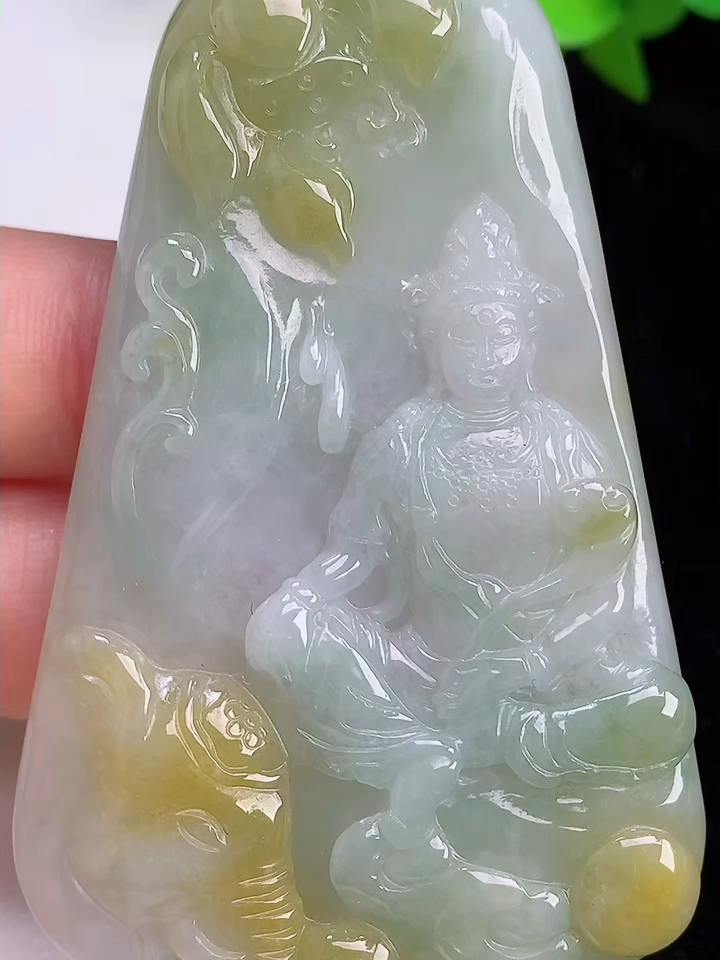 挂件玉坠珠宝首饰正品缅甸天然翡翠a货双彩黄加绿普贤菩萨吊坠