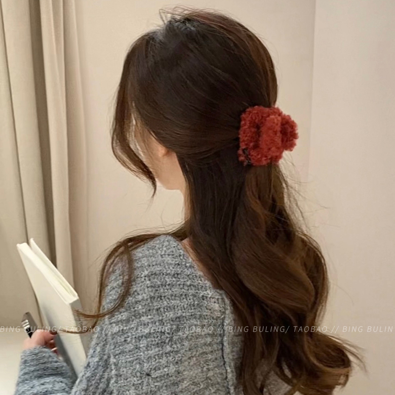 秋冬羊羔毛抓夹半扎发夹子头饰