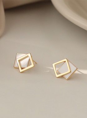 S925银针简约小巧几何方形耳钉气质高级大气耳环冷淡风设计感耳饰