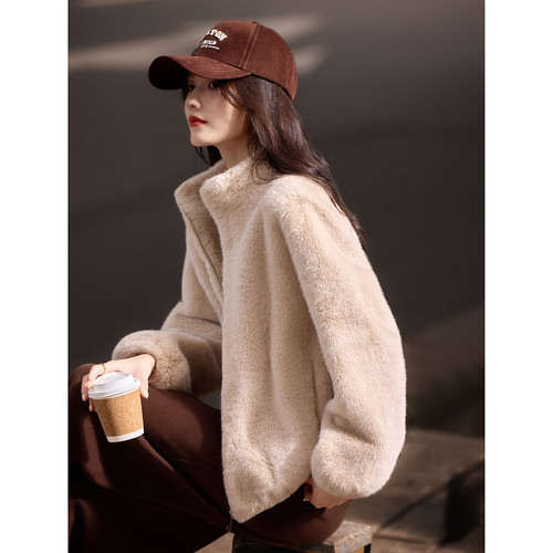 苏醒的乐园毛绒绒保暖开衫冬季立领皮毛一体仿皮草大衣厚外套女