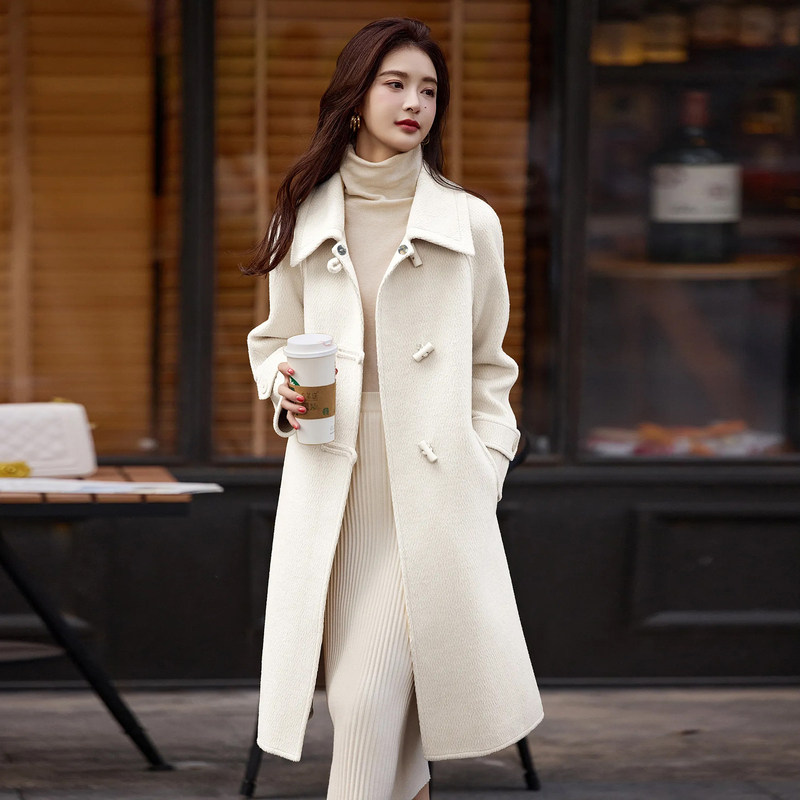翻领牛角扣白鹅绒毛呢大衣外套宽松长款直充绒羽绒服,女装/女士精品,羽绒服,淘宝优惠券,粉丝福利购,淘宝优惠卷