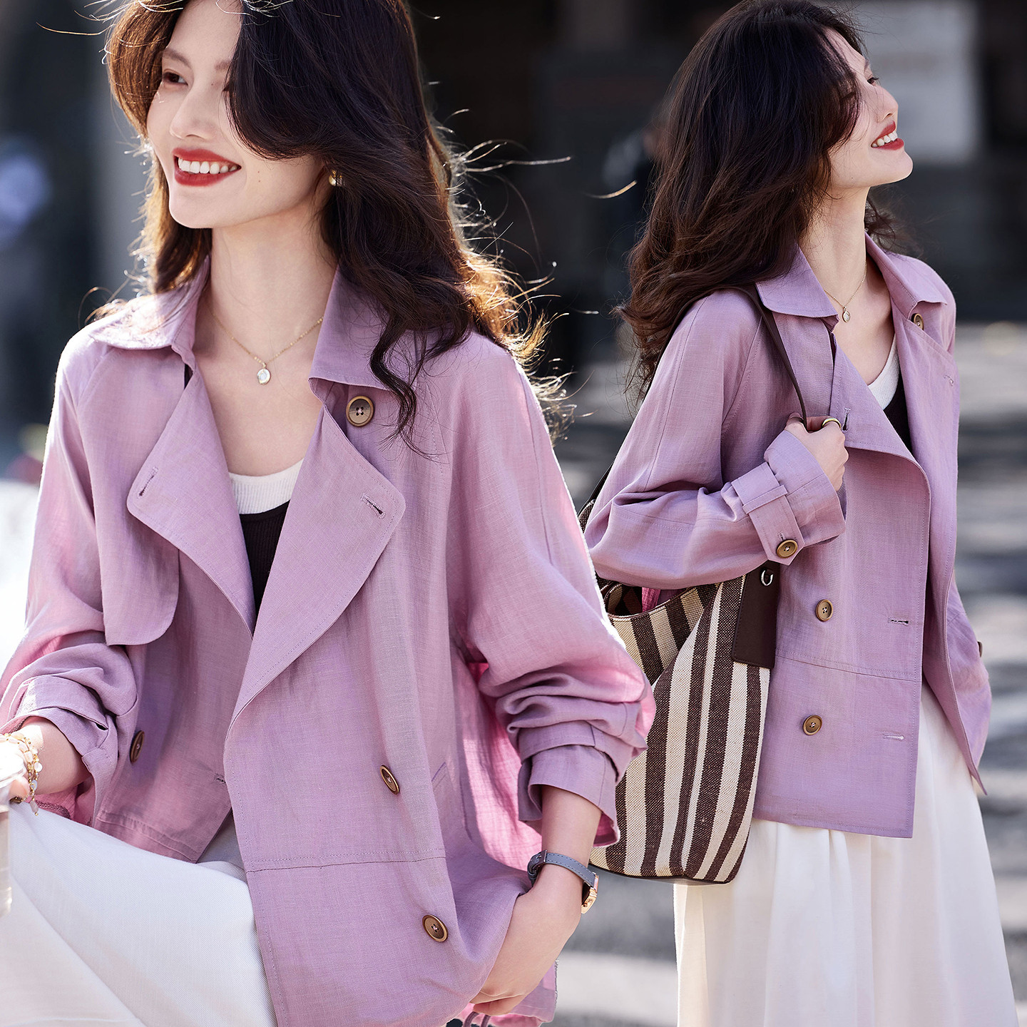 苏醒的乐园莱赛尔26春季时尚个性气质休闲宽松纯色短风衣外套